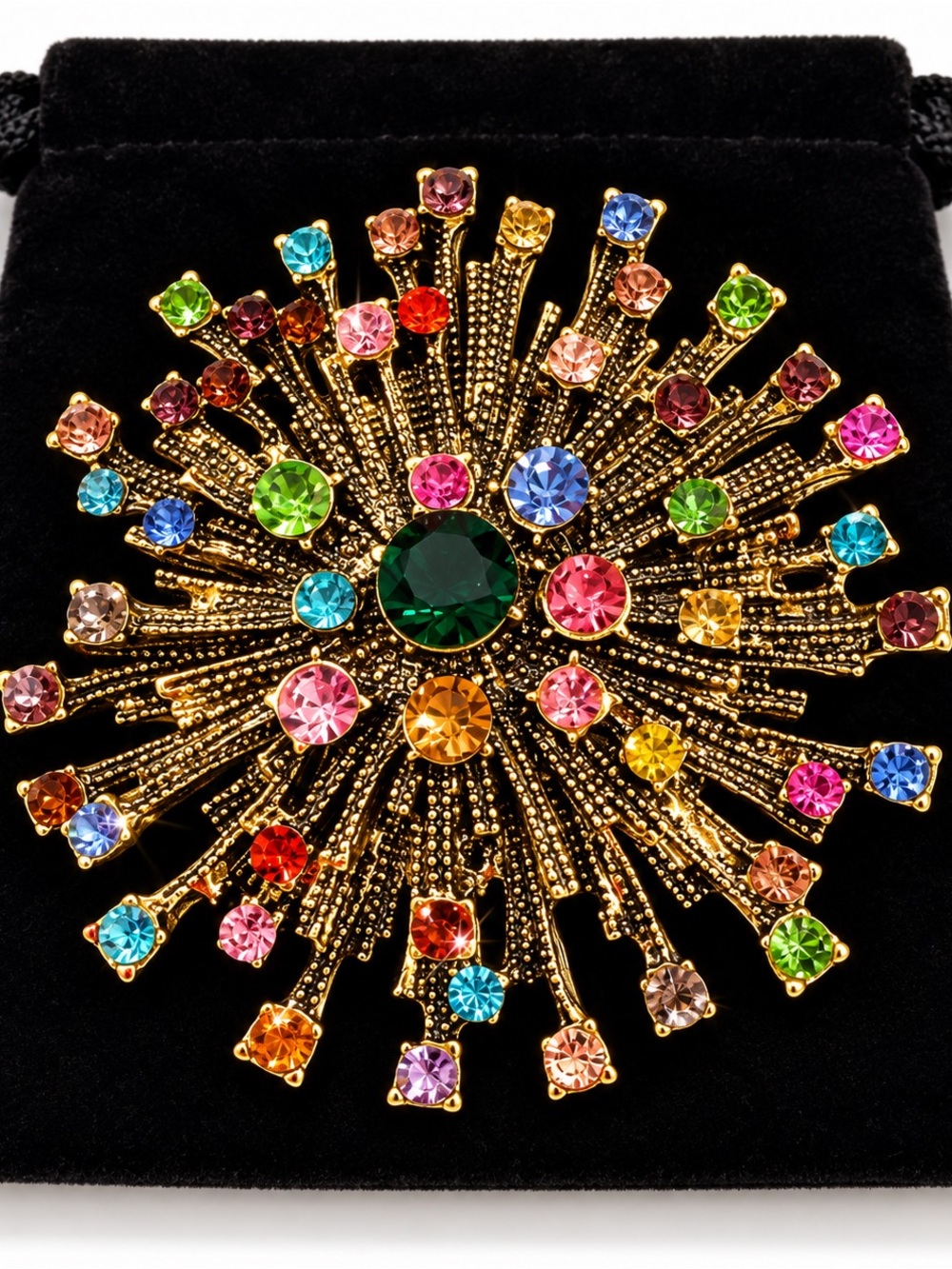Antique Stargaze Gold Multicolor Crystal Burst Brooch - Women Jewelry